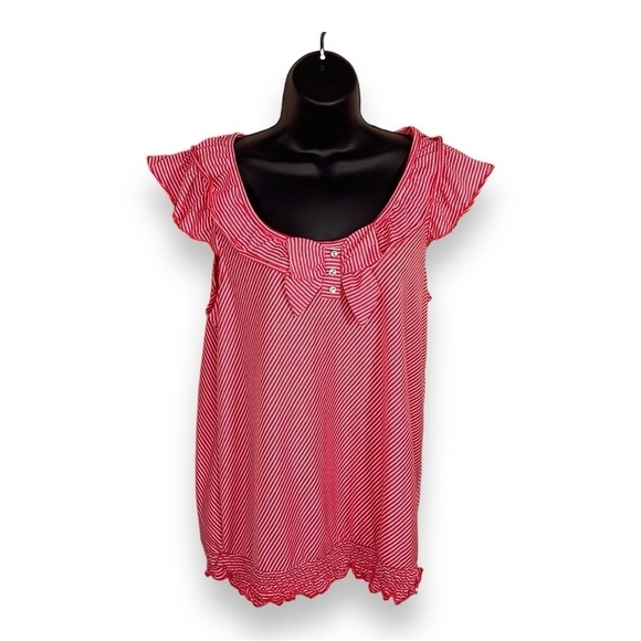 LARGE LENA RED WHITE STRIPED TOP RETRO RUFFLE PINUP STRETCH - Picture 1 of 10